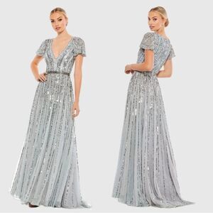 Mac Duggal 70108 Stripe Sequin V-Neck Maxi Gown Size 12 NWT Slate Blue
